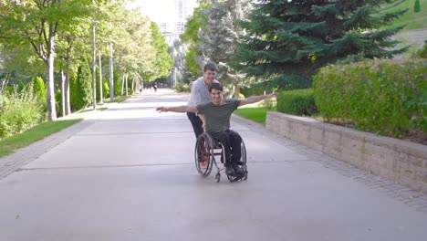 A-physically-disabled-young-man-is-walking-with-his-friend-outdoors.
